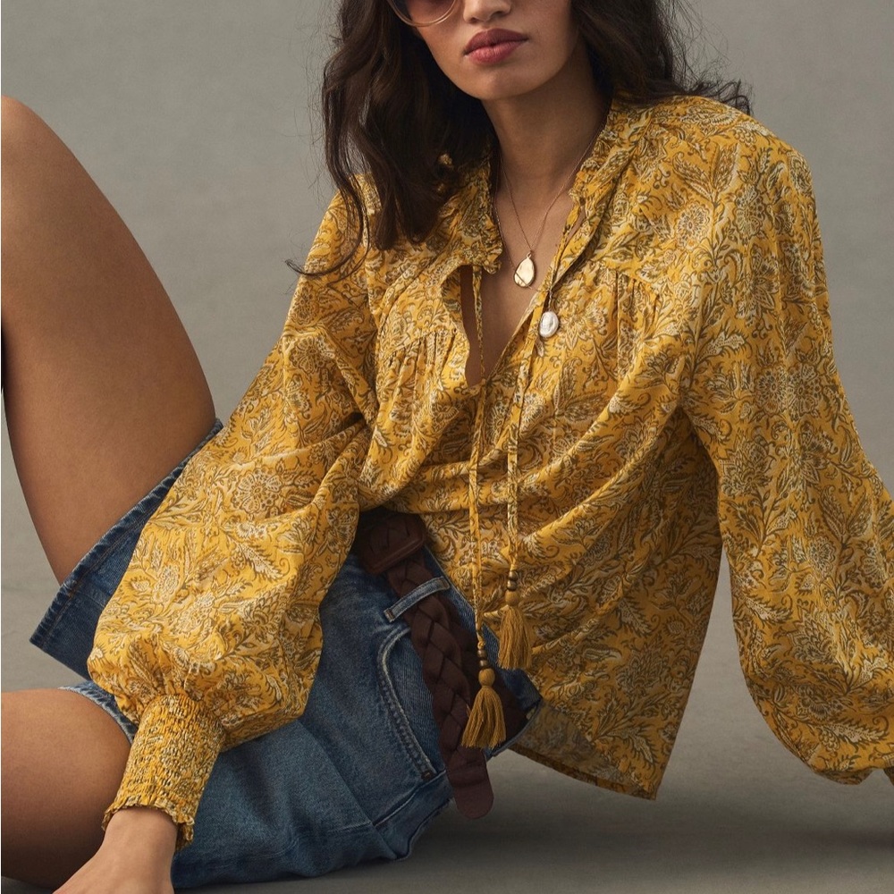 By anthropologie, tie-neck, peasant blouse, yellow. New with tags.